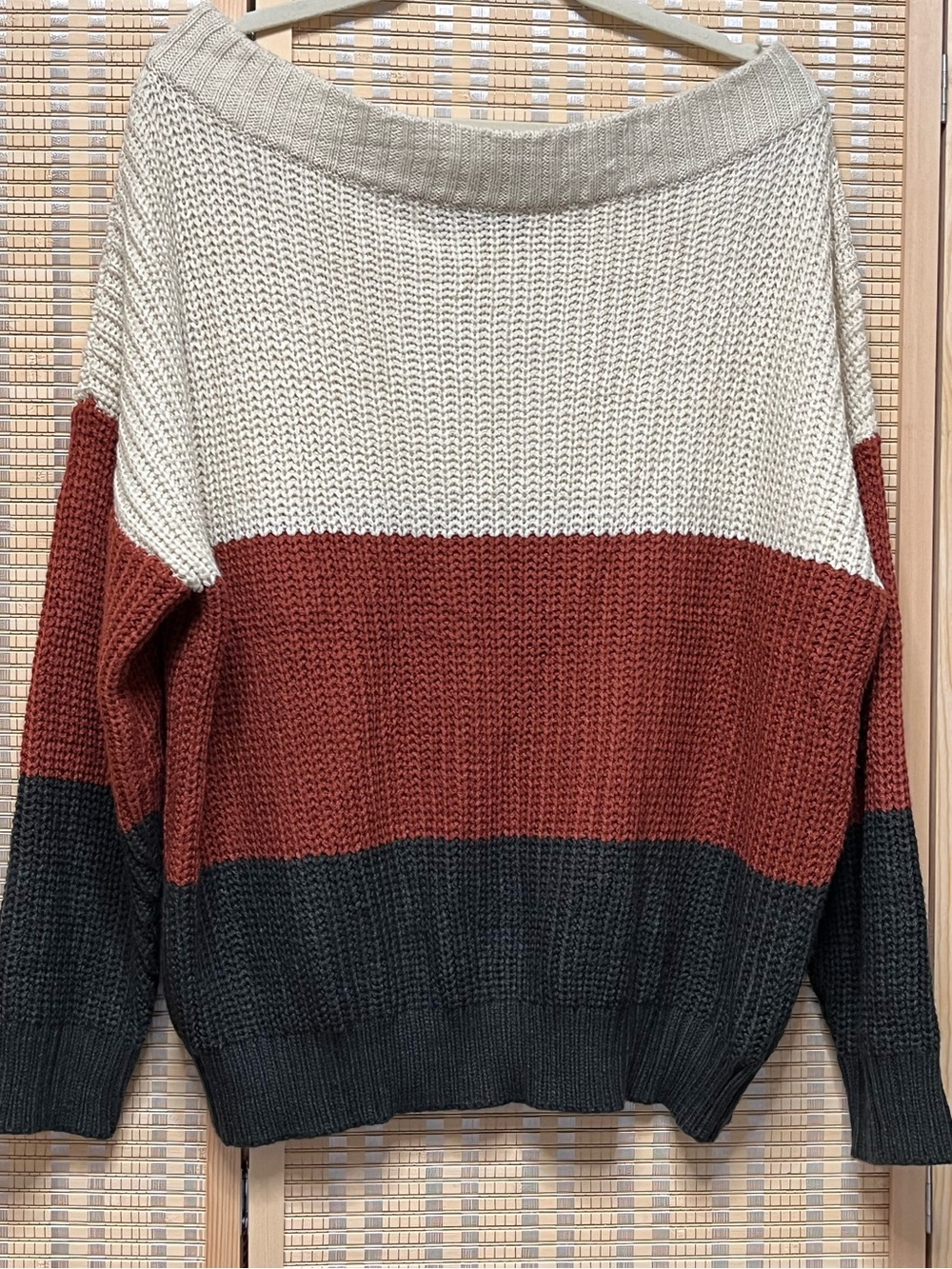 Oversized Colorblock Off-Shoulder Knit Sweater